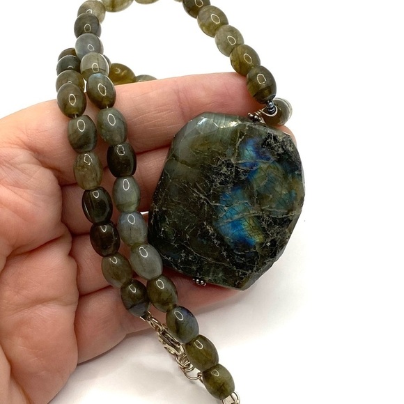 Natural Labradorite Beaded Necklace Faceted Pendant 16" +1.5” 925 Silver - Picture 9 of 9